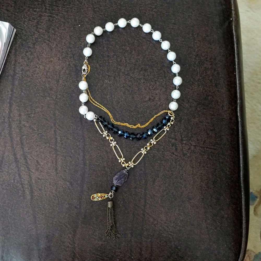 17"  funky layered mixed metal and jeweled necklace